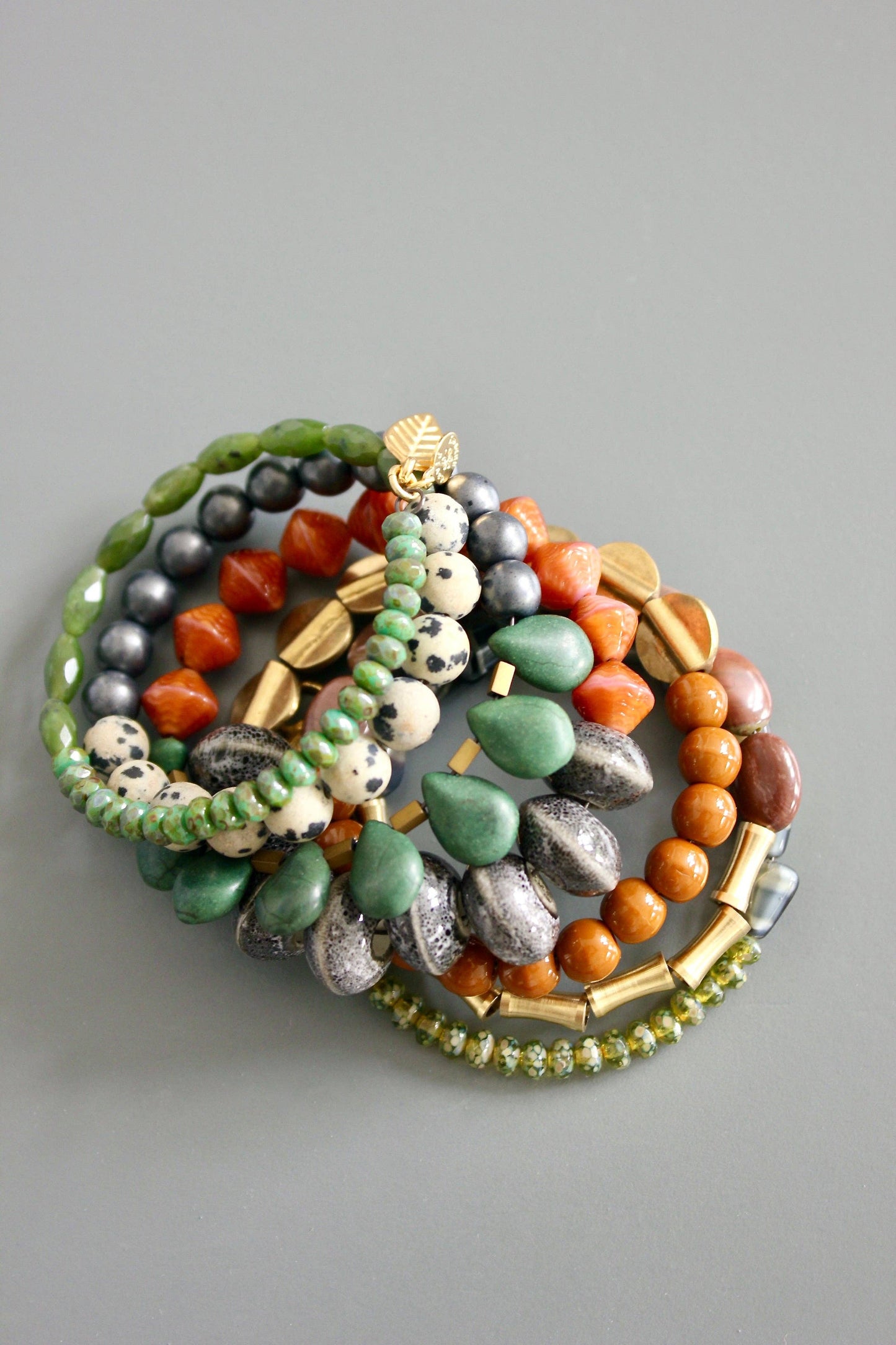 Bracelet- Green, caramel, jasper, and gray wrap