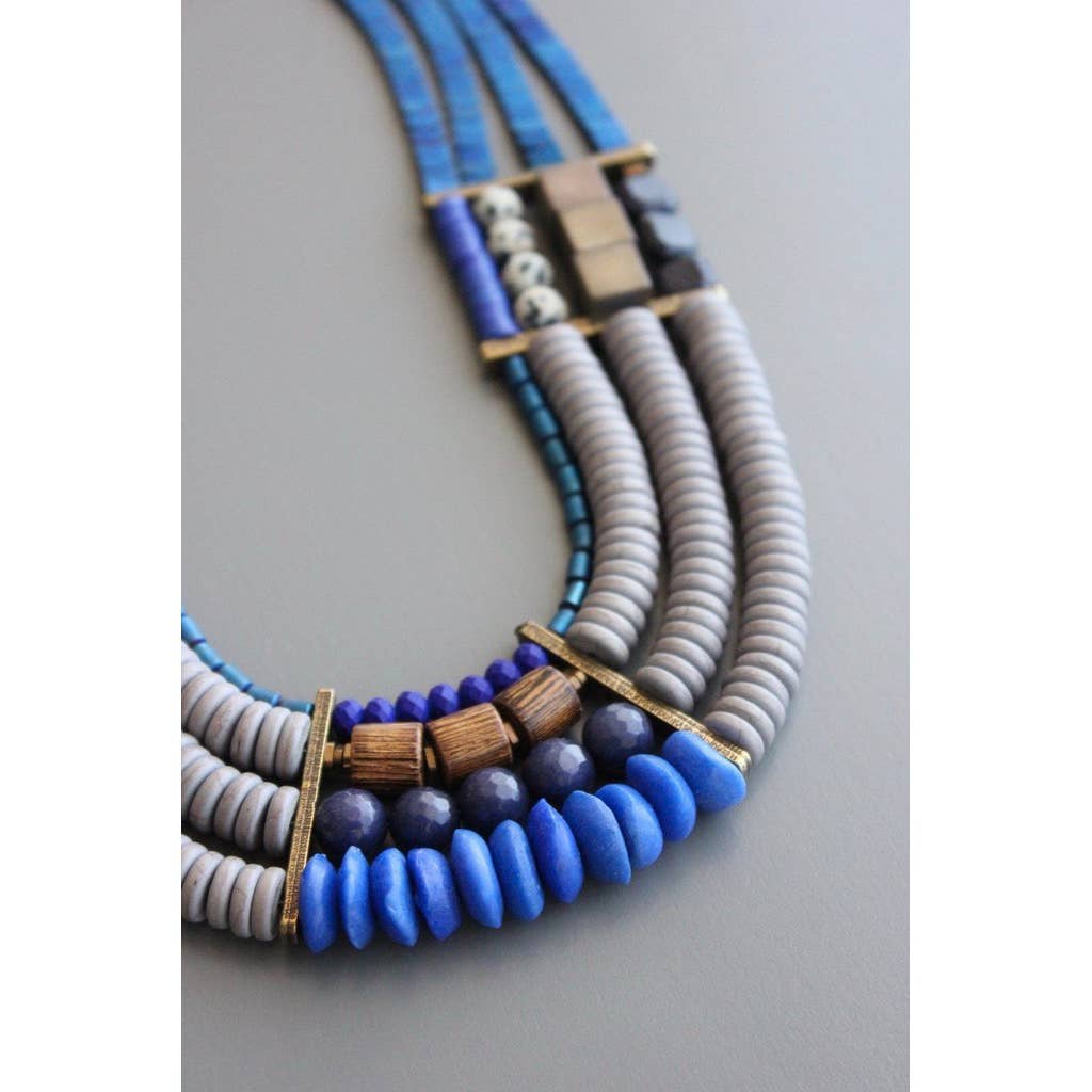 Necklace- 4 strand blue hematite, wood, glass