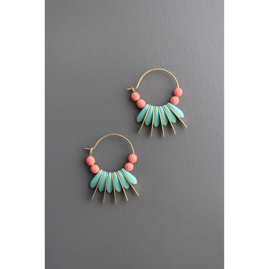 Earrings- Turquoise and coral glass small hoops