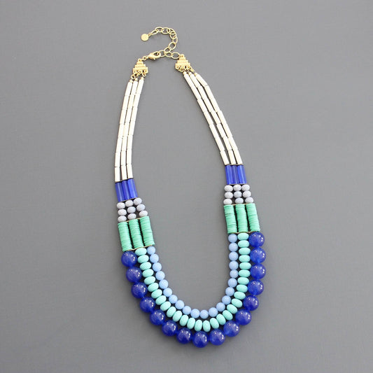 Necklace-  cobalt and turquoise triple strand necklace