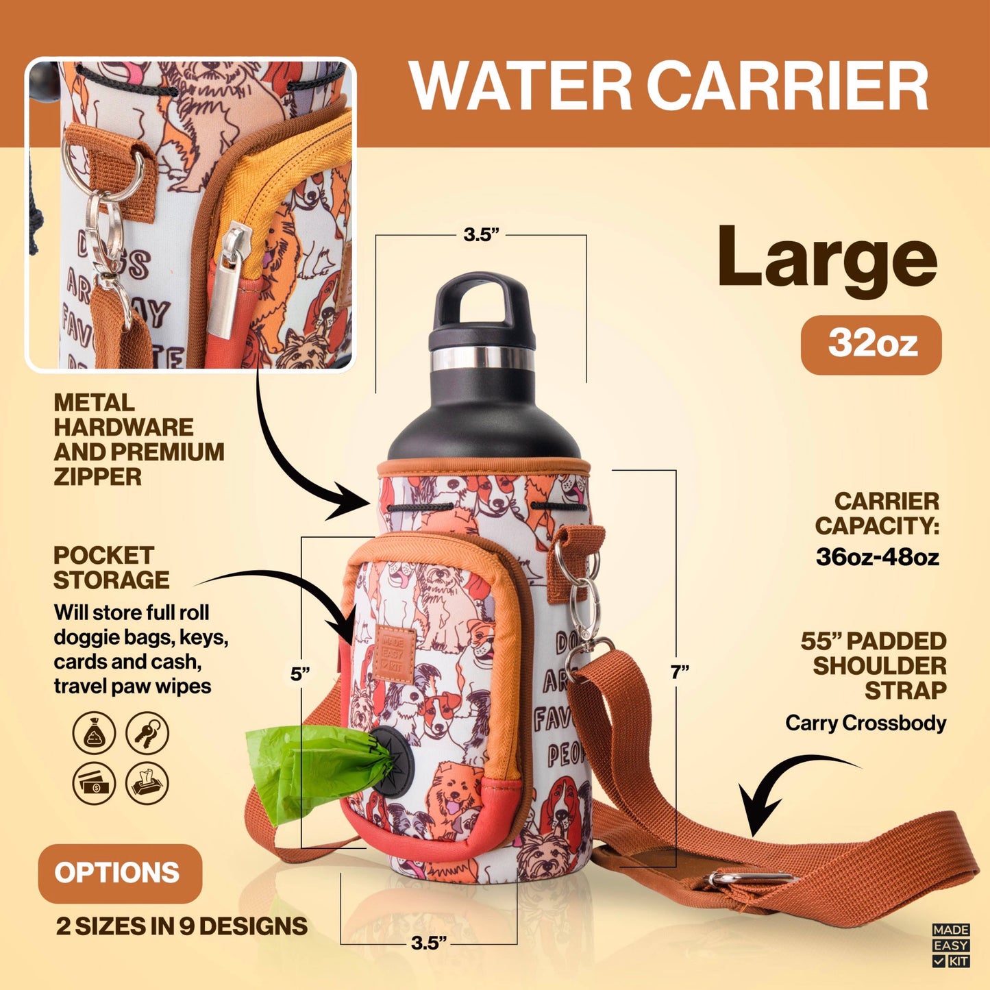 Made Easy Kit Water Bottle Carrier w/Pocket for Dog Poop Bag