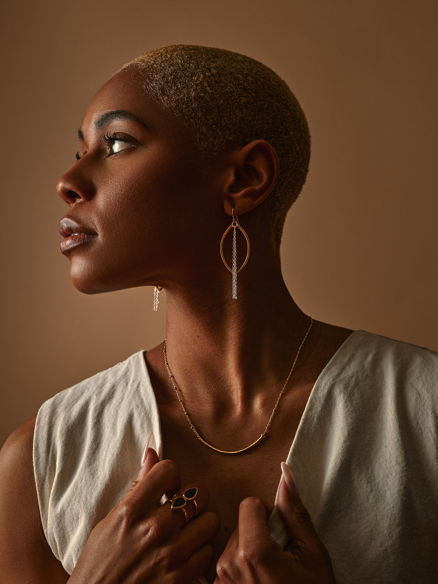 Earrings - Hammered Gold Leaf (outline) with Sterling Silver Chains - Sustainable!