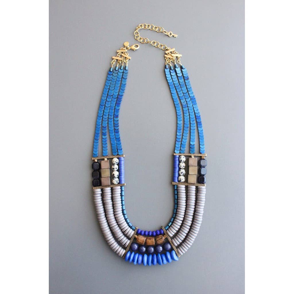 Necklace- 4 strand blue hematite, wood, glass