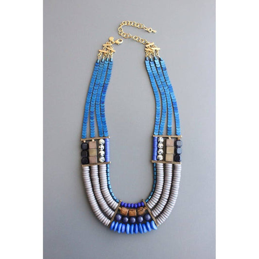 Necklace- 4 strand blue hematite, wood, glass