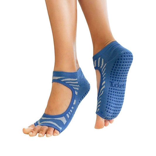 Tucketts Allegro Blue Oasis Pilates Socks - Non-Slip Grip, Open Toe, Barre & Yoga - Women's