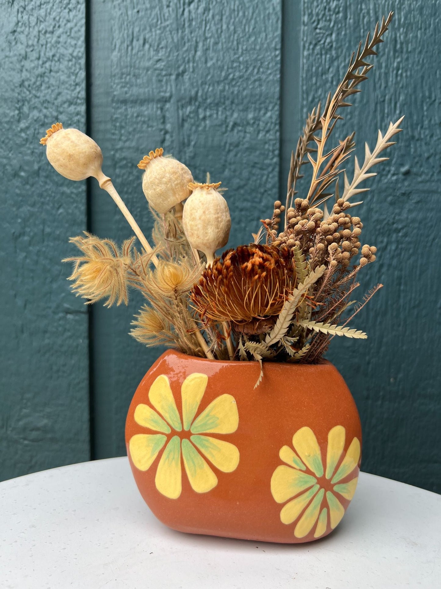 Floral- Mini red clay flower vase with green, yellow sun bursts.  With dried flowers. - 1