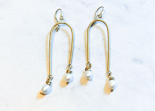 Brass Arch Pearl Earrings  - 1