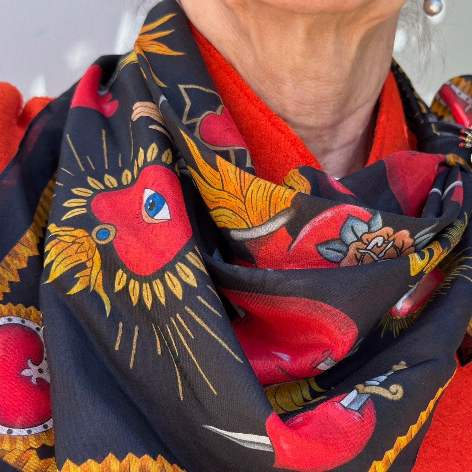 Sacred Heart Scarf, Charcoal, 26", Cotton Silk Blend - 6