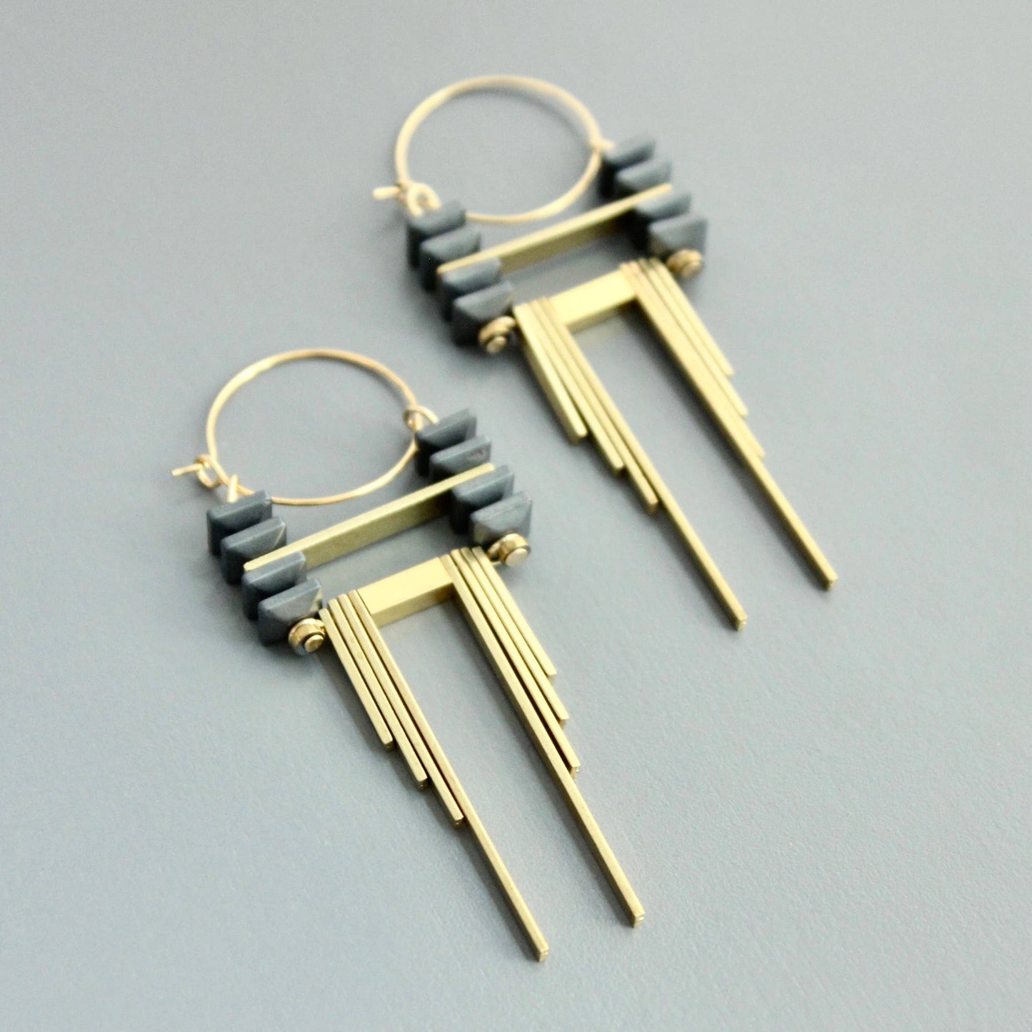 Earrings- ArtDeco hematite and brass hoops