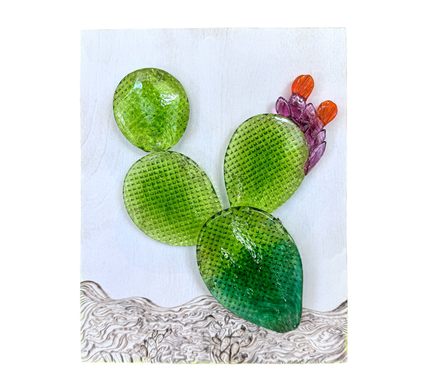Sculpture, glass- Prickly Pear CACTUS, wall hanging