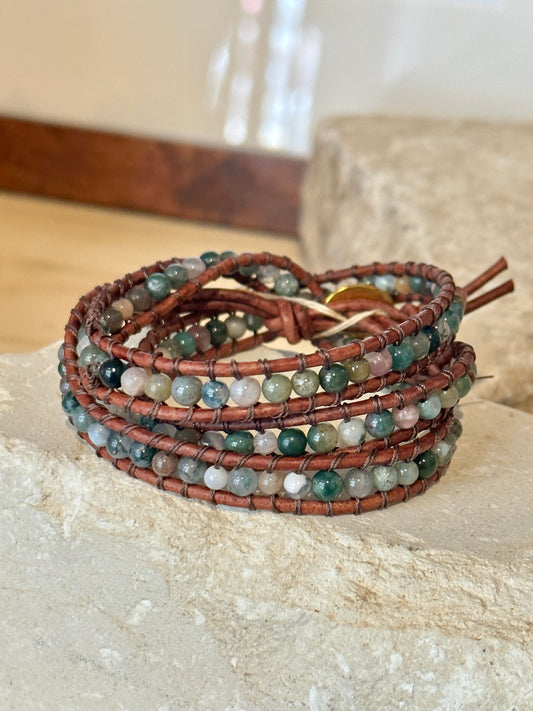 Green Unakite - triple band in leather