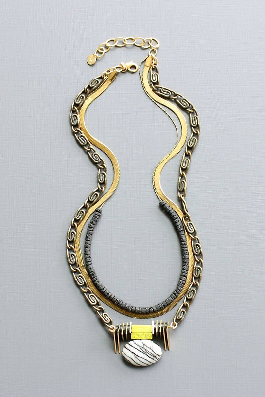 Necklace- Triple strand ArtDeco jasper pendant