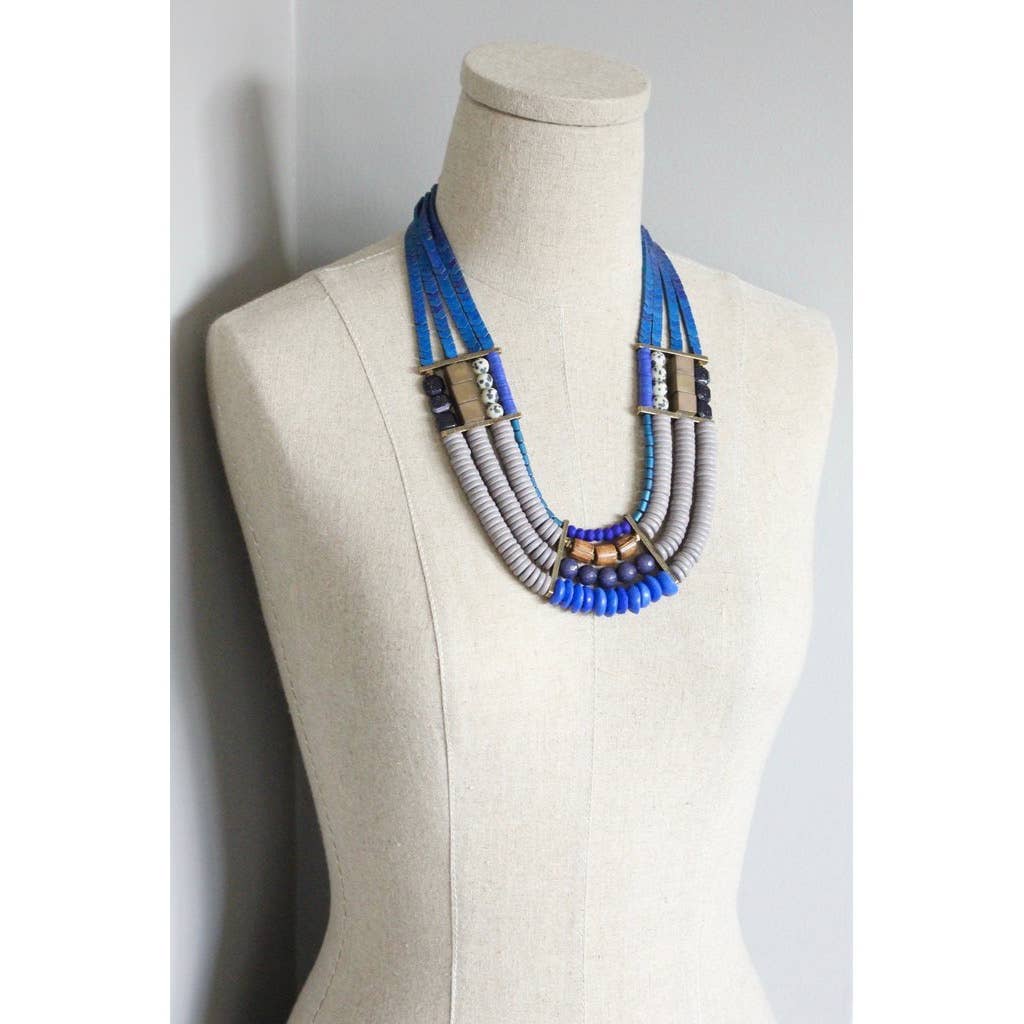 Necklace- 4 strand blue hematite, wood, glass