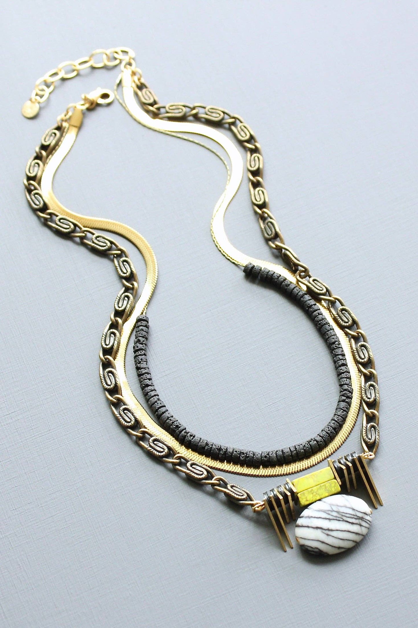 Necklace- Triple strand ArtDeco jasper pendant