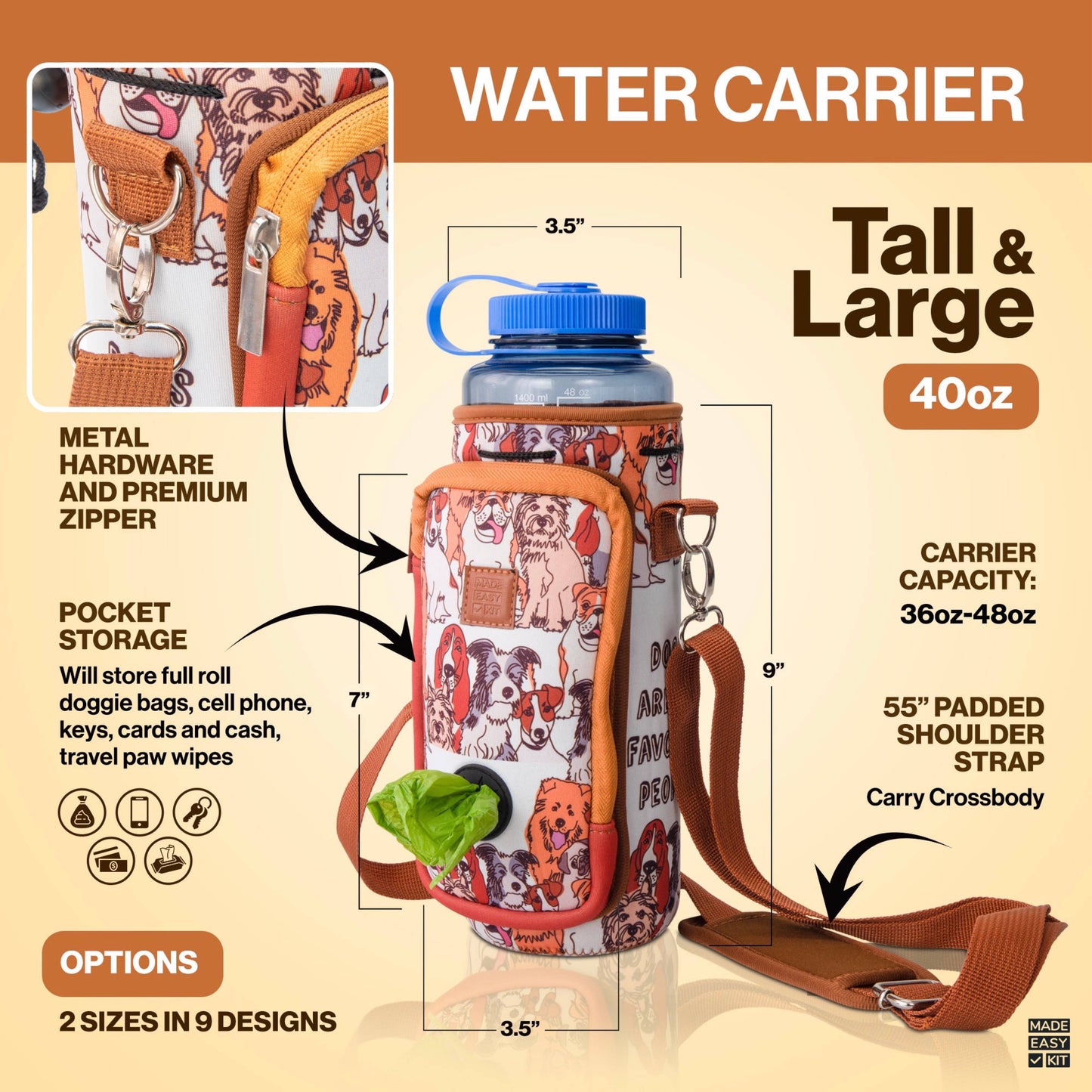 Made Easy Kit Water Bottle Carrier w/Pocket for Dog Poop Bag