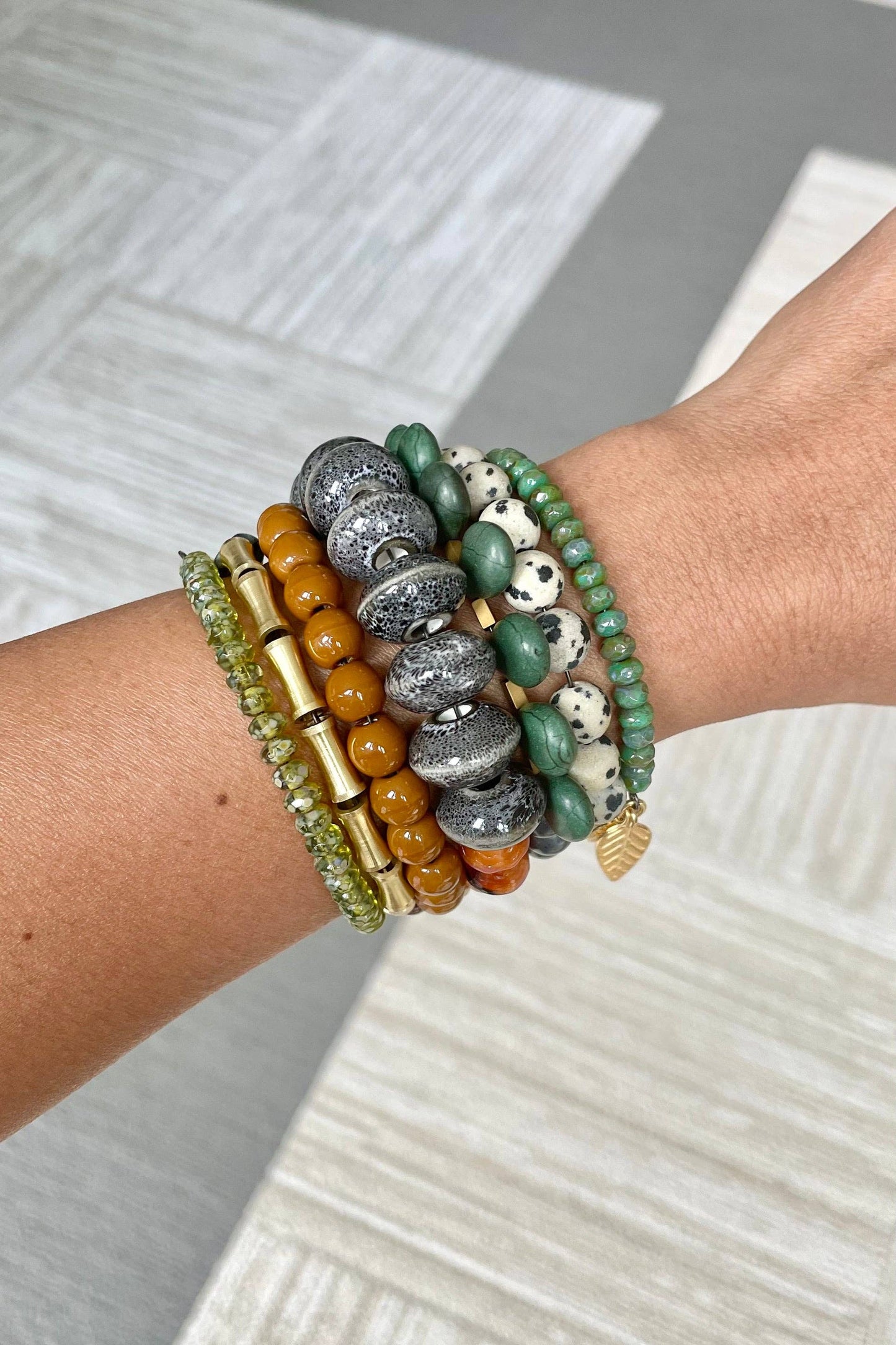 Bracelet- Green, caramel, jasper, and gray wrap
