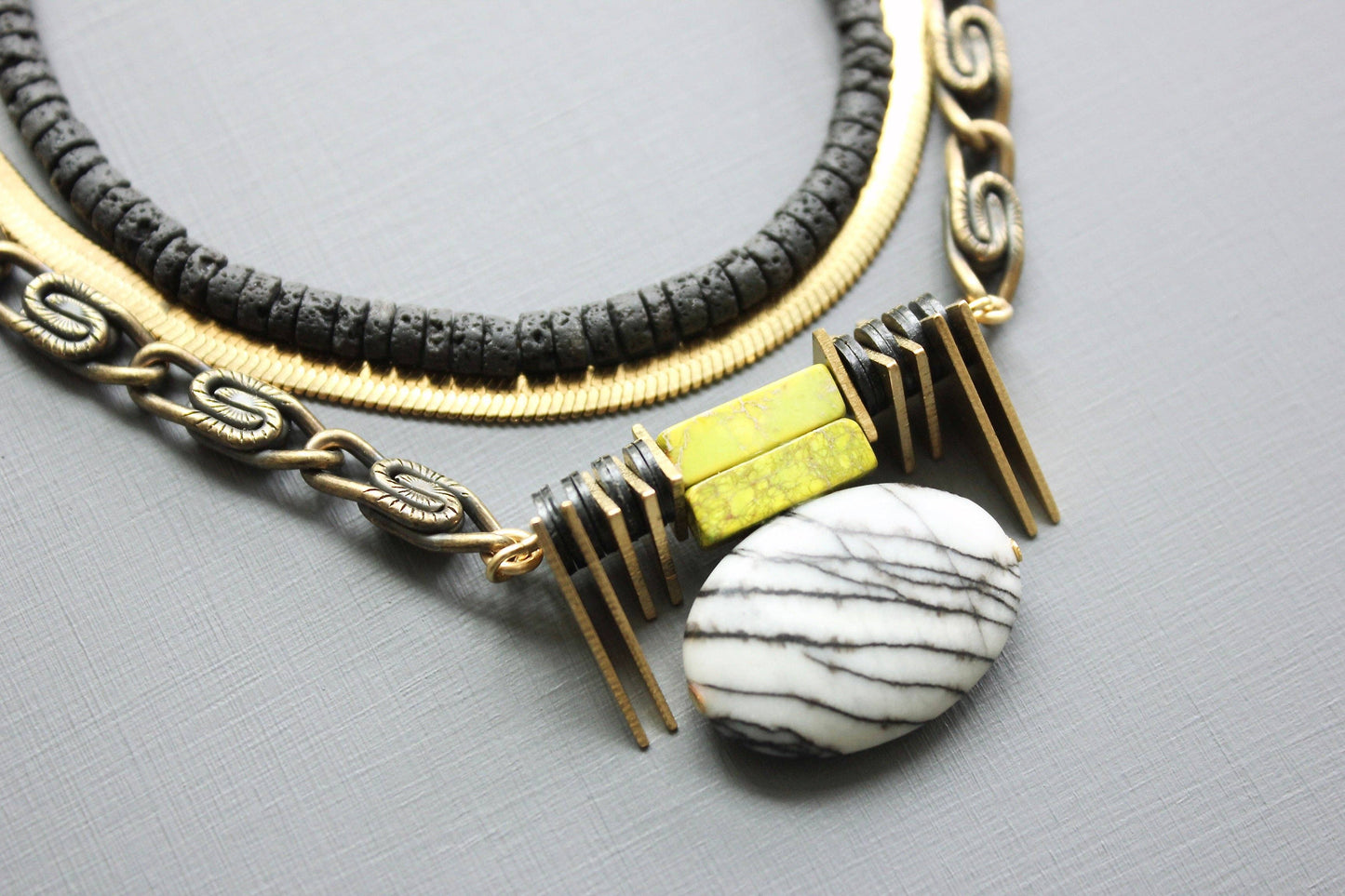 Necklace- Triple strand ArtDeco jasper pendant