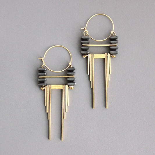 Earrings- ArtDeco hematite and brass hoops