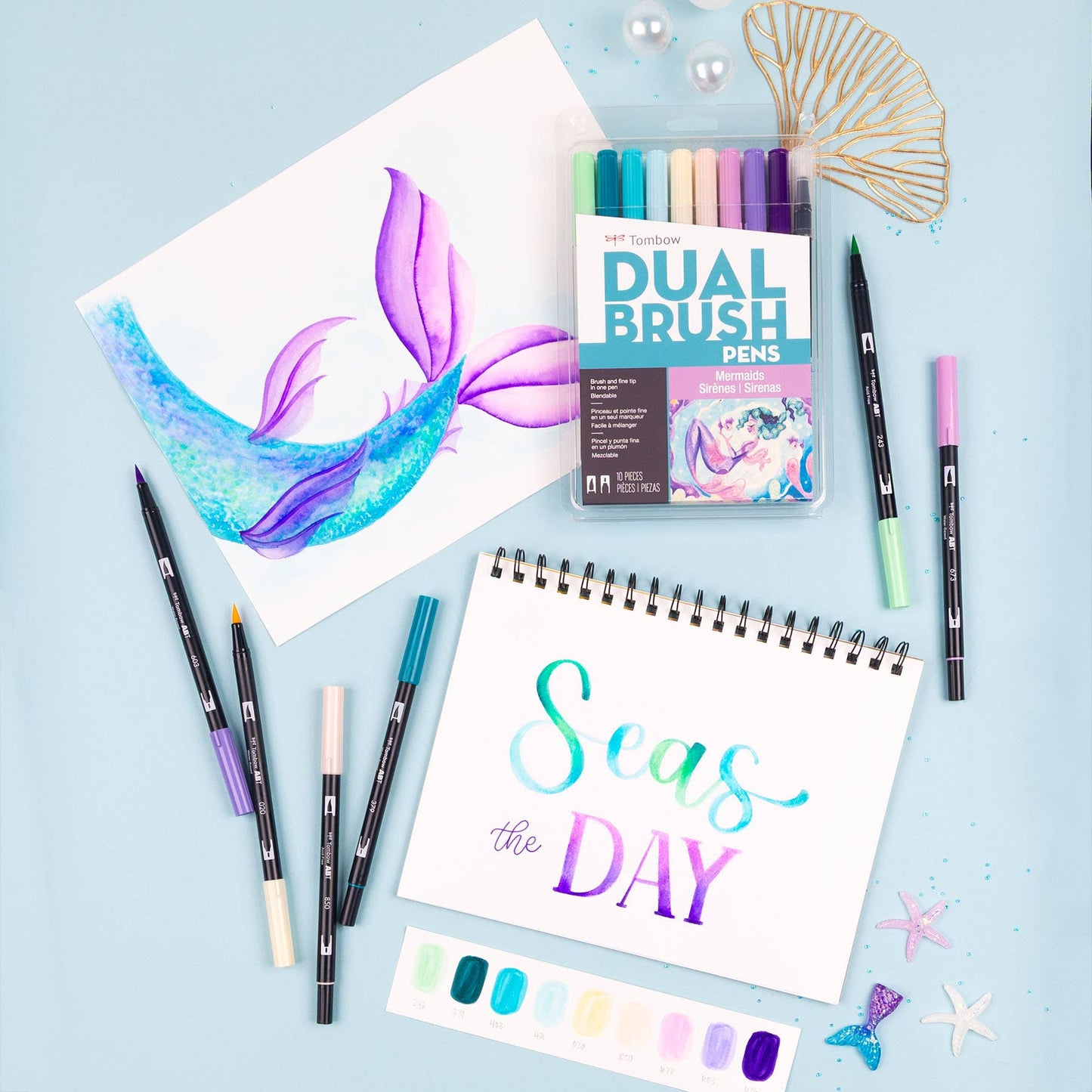 Dual Brush Pen Art Markers, Mermaids, 10-Pack